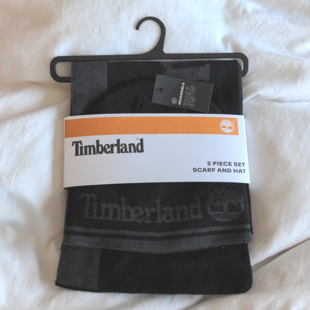 Timberland Reversible Scarf And Hat Set Black And Grey One Size Unisex